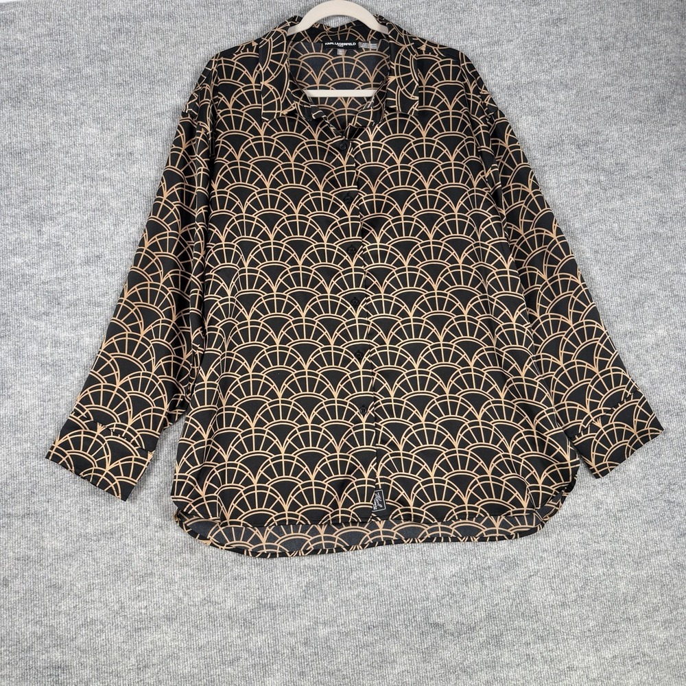 KARL LAGERFELD Paris Size-XL Womens Geo Print Oversized Blouse Black Gold